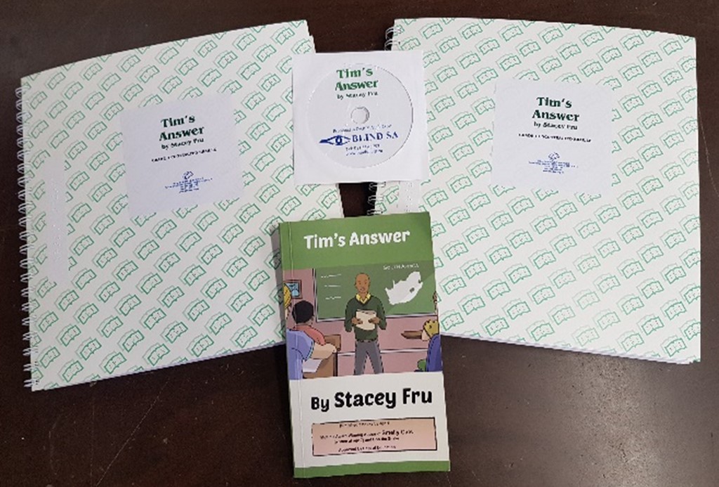 The book “Tim’s Answer” by Stacey Fru, produced in braille and audio.