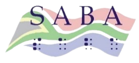 SA Braille Athority Logo. SABA in simulated blue braille and text over a South African flag in the background.